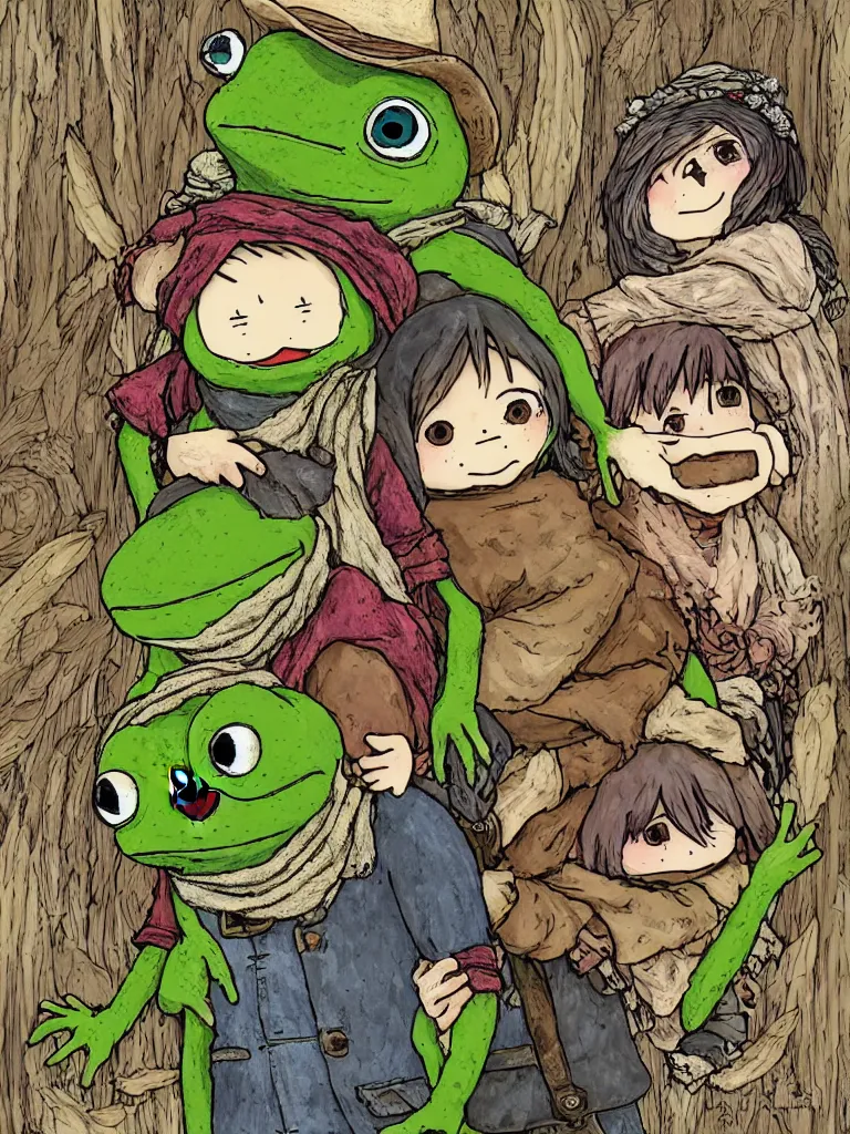 Prompt: resolution rustic weathered happiness of pepe love and life made in abyss peace and love harmony biblically acurate angels angels read dead redemption 2 ivory dream like storybooks pepe the frog happy among family in a field sitting the value of love a clear prismatic sky, edge of nothingness love, warm ,Luminism, prismatic , fractals , pepe the frog , art in the style of Akihito Tsukushi and and Arnold Lobel , claymation