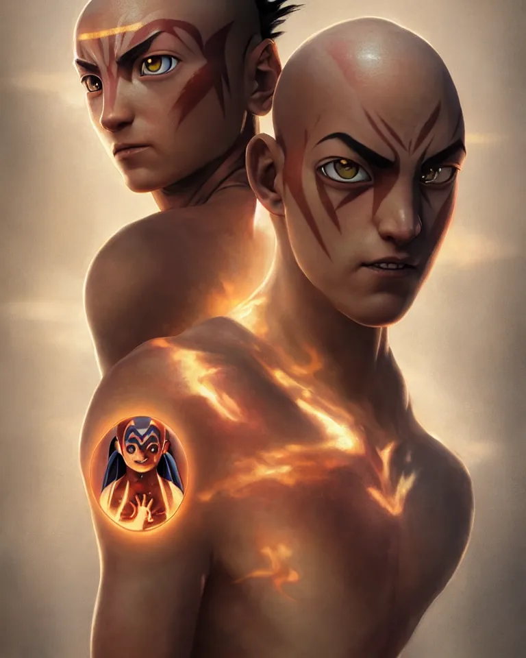 Image similar to avatar aang glowing tattoo,digital art,ultra realistic,ultra detailed,art by greg rutkowski sacha goldberger,hyperdetailed,detailed face,professional lighting,dramatic,3 point lighting