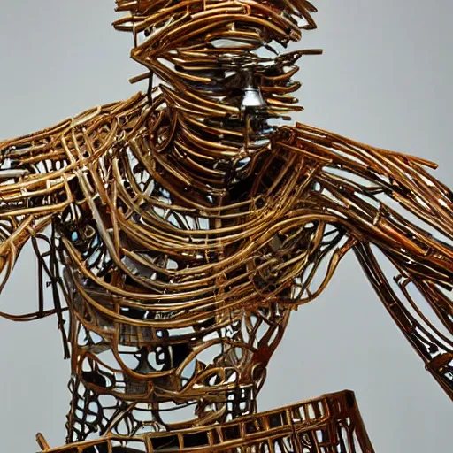 Prompt: a contemporary art sculpture of several tall man running with long arm and a big head, in the style of jean tinguely, medium shot, busy, made of intricate metal and wood, thick paint, intricate, dirty, leds, indoor, studio lighting, hyper realistic, detailed, 8 k