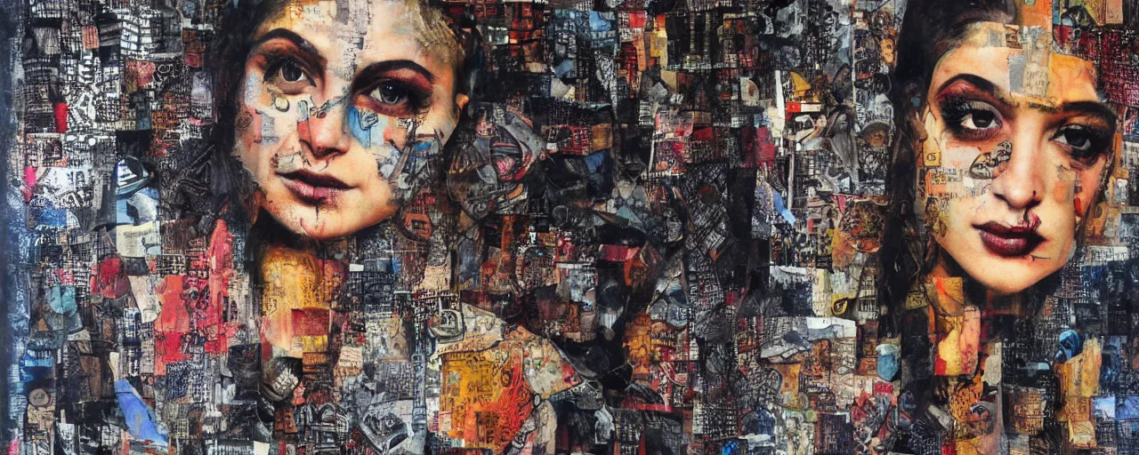 Prompt: devillish connection between us detailed and highly reliefed analogue mixed media collage with canvas texture in style of conteporary art, punk art, photorealistic, expressionism, masterpiece, perfect composition, hyperrealistic beautiful face, spectacular quality, intricate oil details