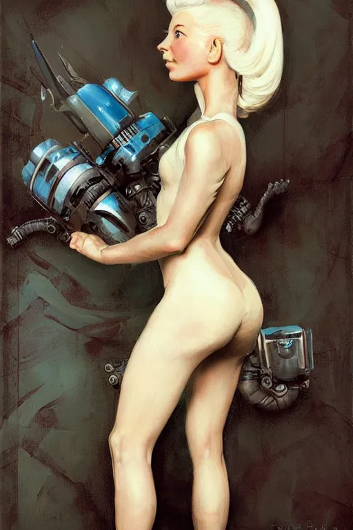 Image similar to pulp scifi fantasy illustration full body portrait android girl, gymnastique, white hair, in leather, by norman rockwell, roberto ferri, daniel gerhartz, edd cartier, jack kirby, howard v brown, ruan jia, tom lovell, frank r paul, jacob collins, dean cornwell, astounding stories, amazing, fantasy, other worlds