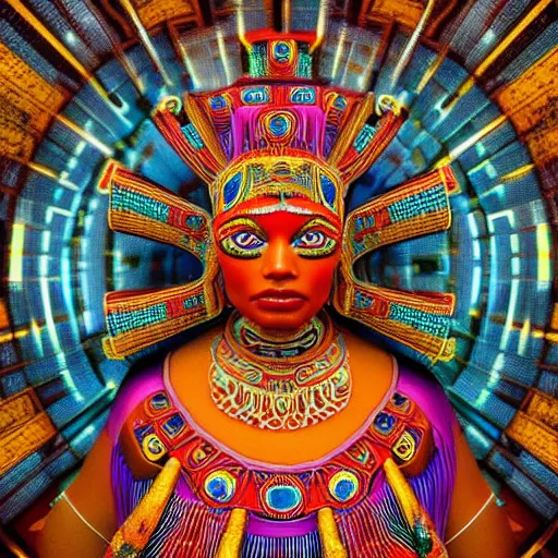 Image similar to Full body photo of the most beautiful mayan goddess, in the style of Peter Mohmacher and Mati Klarwein, trending on Artstation, digital art, symmetrical artwork, cinematic, hyper realism, high detail, octane render, 4k, 8k