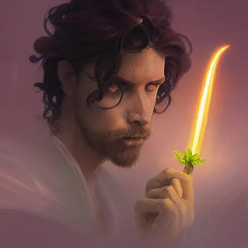 Image similar to bioluminescence portrait of a male wizard of the flowers, muscle, D&D, fantasy, elegant, pale, highly dvetailed, digital painting, artstation, concept art, smooth, sharp focus, illustration, art by artgerm and greg rutkowski and alphonse mucha