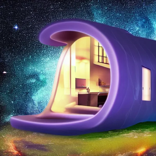 Image similar to a house floating on space galaxy