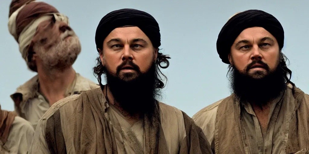 Image similar to Leonardo DiCaprio as Osama Bin Laden in 'Bin Laden' (2017), movie still frame