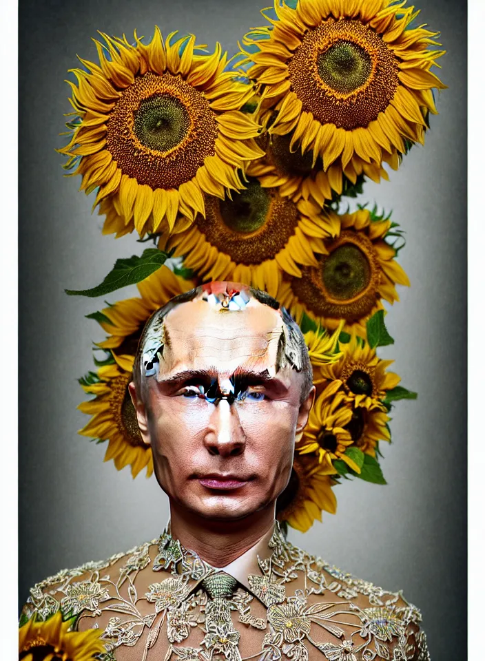 Prompt: photo portrait of Vladimir Putin - sunflowers - dressed in long elegant intricate ornamental sunflower dress, natural skin tone, highly detailed realistic flowers ornament in the upper side of breast, hair and wrinkles are intricate with highly detailed realistic flowers, elegant, Realistic, Refined, Highly Detailed, natural soft pastel lighting colors scheme, fine art photography by Cecil Beaton, volumetric lighting, hyper realistic photography