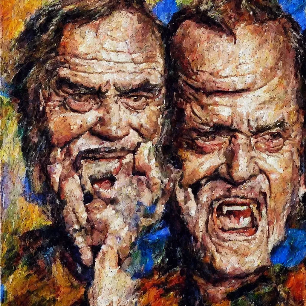 Image similar to Jack Nicholson painted in the style of the old masters, painterly, thick heavy impasto, expressive impressionist style, painted with a palette knife