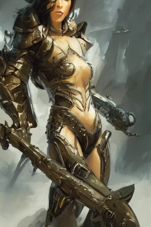 Image similar to a professional painting of an attractive young female clothed in military armor, olive skin, long dark hair, beautiful bone structure, symmetrical facial features, intricate, elegant, digital painting, concept art, smooth, sharp focus, illustration, from StarCraft by Ruan Jia and Mandy Jurgens and Artgerm and William-Adolphe Bouguerea