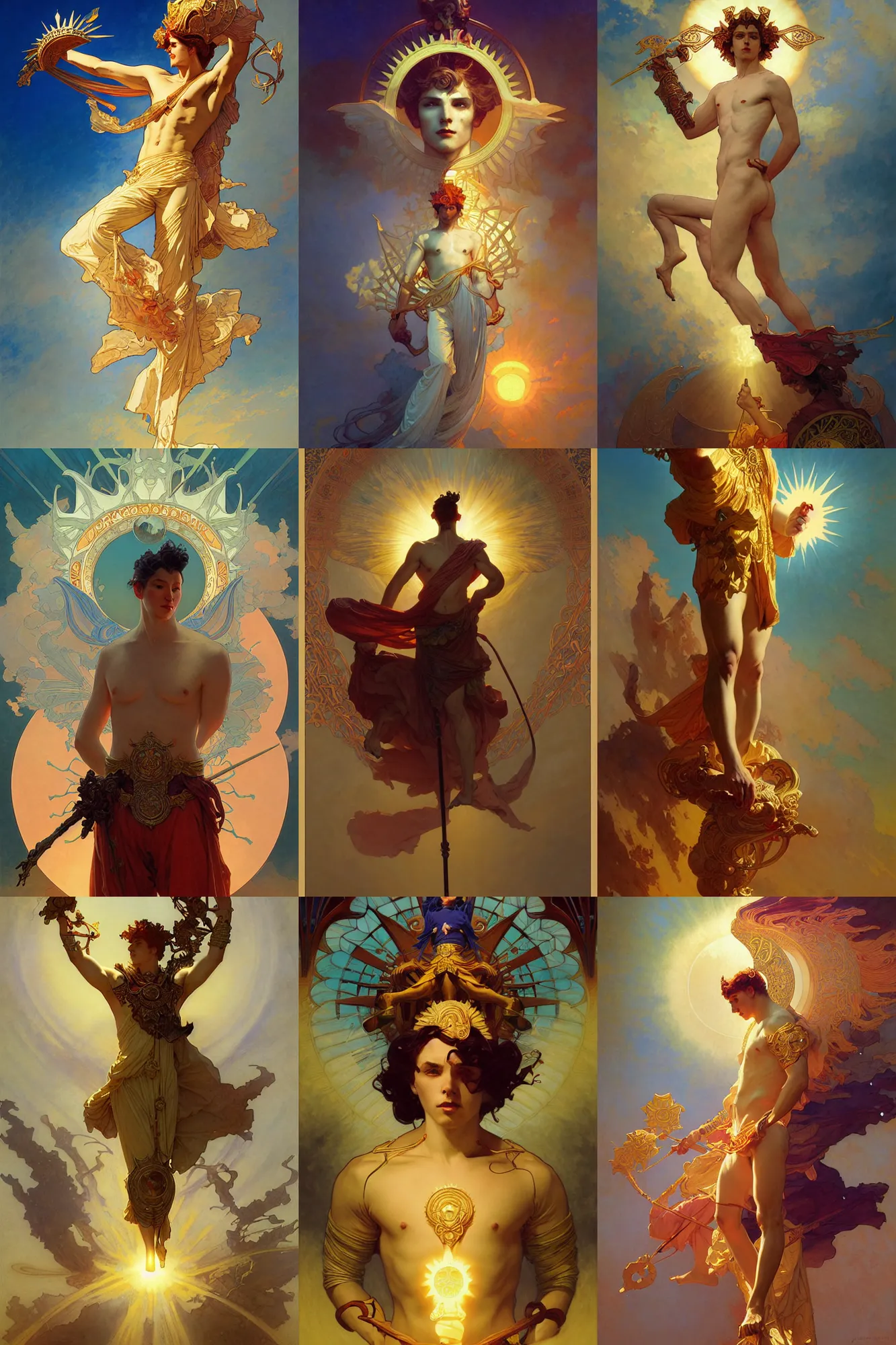 Prompt: young male god of the sun, art nouveau, fantasy, art by joseph leyendecker, peter mohrbacher, ivan aivazovsky, ruan jia, reza afshar, marc simonetti, alphonse mucha