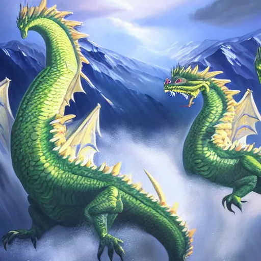 Image similar to a vast oil painting of two storm dragons dueling above the snowy peaks, hyper realistic, vivid, highly detailed, many colors