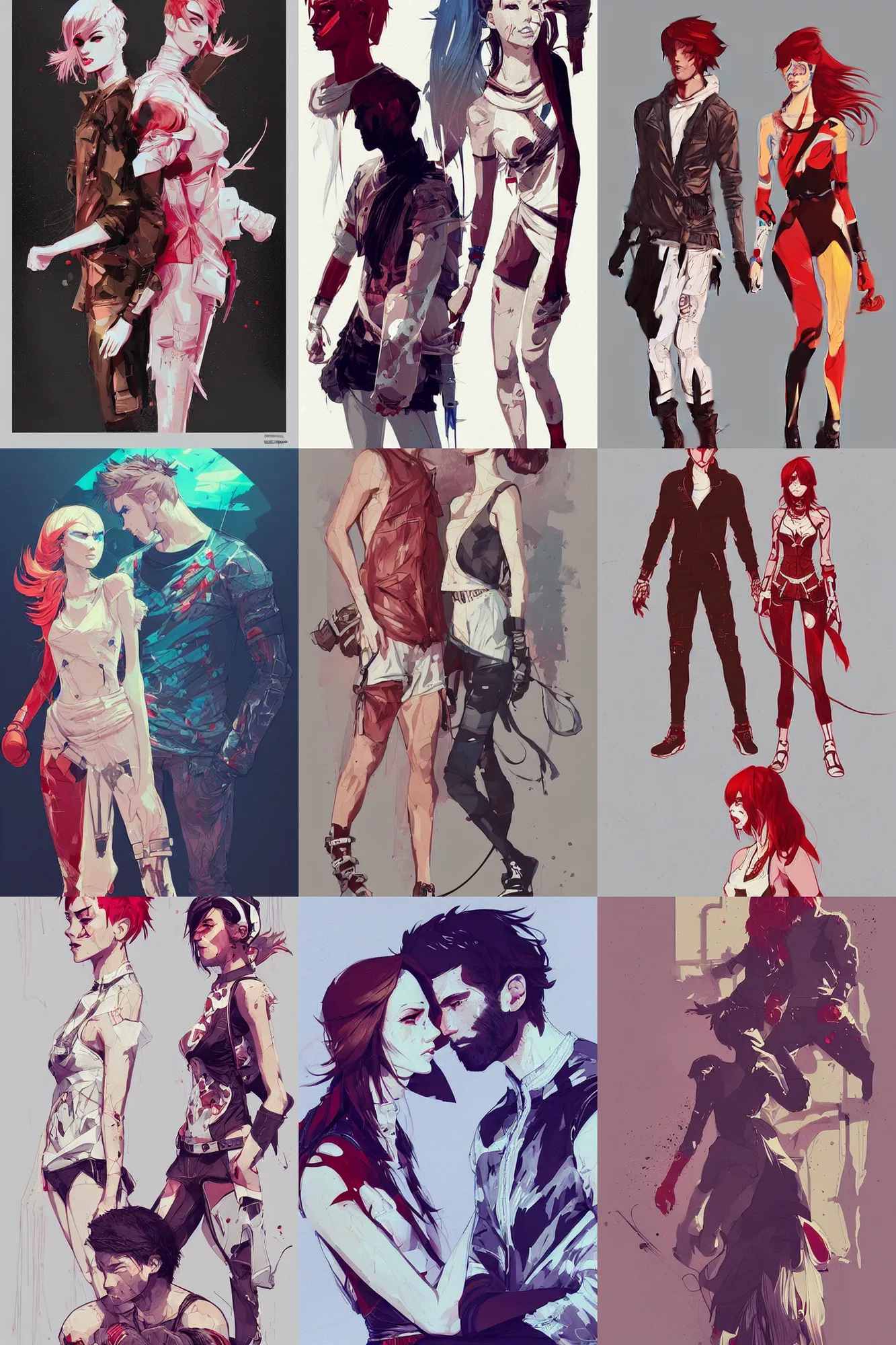 Prompt: concept arts of fashionable male and female fighters wearing trendy outfit, video game characters designs, by conrad roset, fiona staples, wlop, intricate, elegant, highly detailed, stylized, digital art, artstation, concept art, sharp focus, illustration, beautiful sunlight and shadows