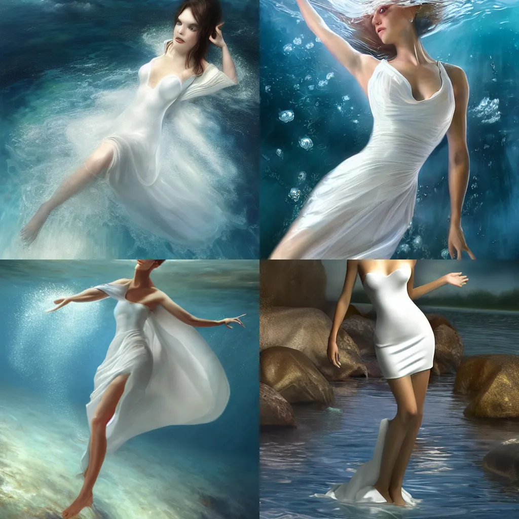 Prompt: a woman in a white dress is swimming under water, a photorealistic painting by mark arian, cgsociety, fantasy art, daz 3 d, photoillustration, deviantart