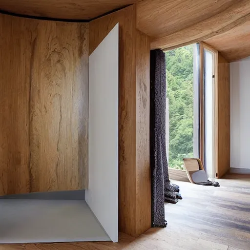 Image similar to a portal inside a living room, the portal leads directly to switzerland