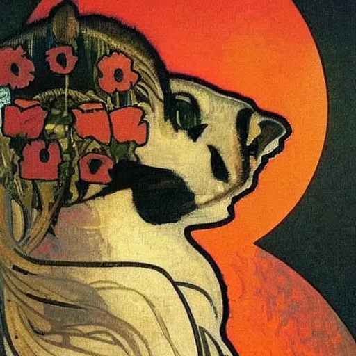 Prompt: a masterpiece painting by mucha exposed at the louvre : black cat taking the sun in a poppy field with a red sunset in the background