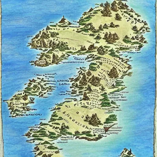 Image similar to A map of a large island, coloured pencils and ink, beautiful, highly detailed, in the style of Middle Earth Lord of the Rings