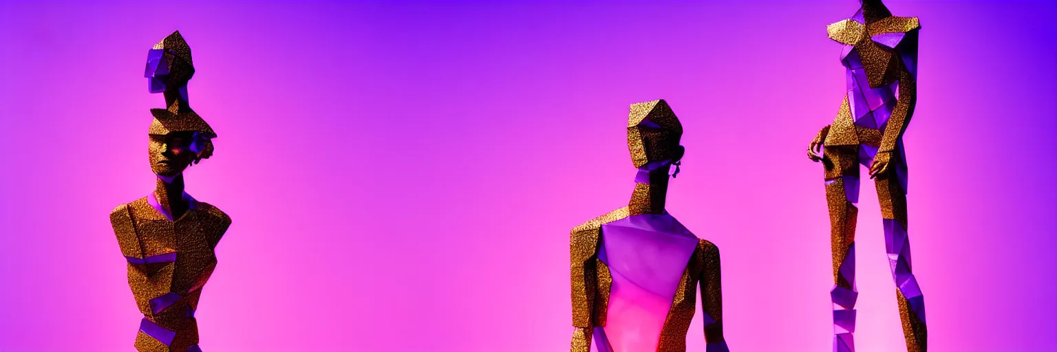 Image similar to beautiful mannequin sculpted out of amethyst by billelis + lit with geometric neon + kintsugi, facing a doorway opening with neon pink geometric light + gold geometric cubed bonsai trees, clean linework, dramatic, finely detailed, rule of thirds, moody, award winning, 4 k, trending on artstation, photorealistic, volumetric lighting, octane render