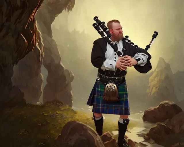 Image similar to scottish man in a kilt playing bagpipes, deep focus, d & d, fantasy, intricate, elegant, highly detailed, digital painting, artstation, concept art, matte, sharp focus, illustration, hearthstone, art by artgerm and greg rutkowski and alphonse mucha