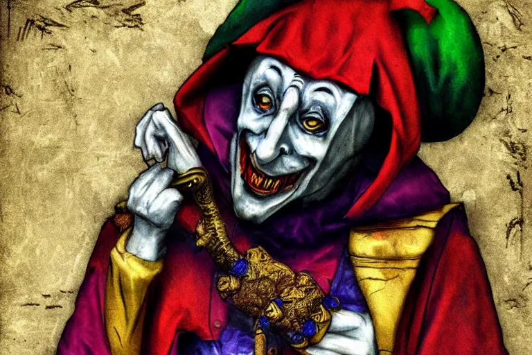 Image similar to medieval jester, colorful, sinister, digital art,