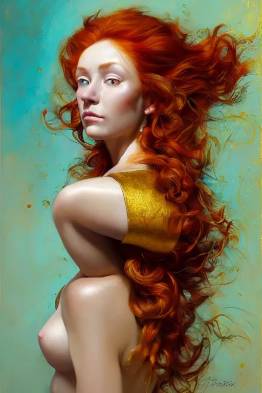 Image similar to hyper realistic painting portrait of a redhead girl with flowing curls and closed eyes, her skin is painted in gold paint and turquoise background, hyper detailed face by stjepan sejic, norman rockwell, michael hussar, roberto ferri and ruan jia