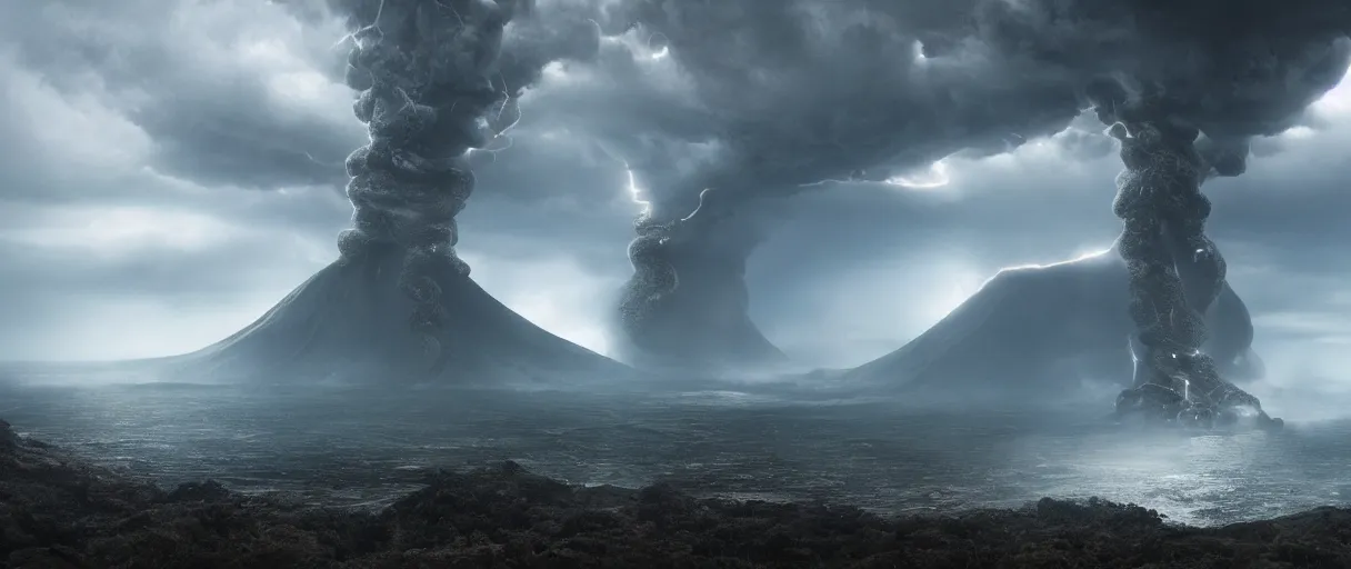 Prompt: a giant octopus tentacle hanging from the clouds over a rain forest, lightning storm and sun rays, ambient light, a volcano erupte, still from the movie the arrival, 8k