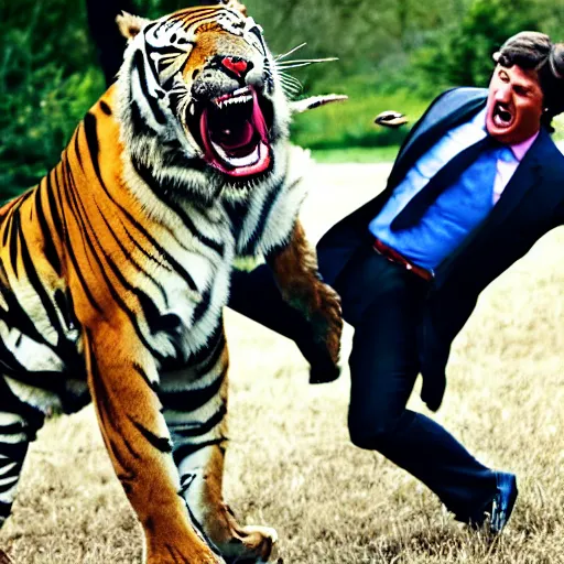 Prompt: a high quality photograph of Tucker Carlson being attacked by a sabertooh tiger, teeth ripping his flesh, he is screaming in agony on the set of Tucker Carlson tonight live on Fox News