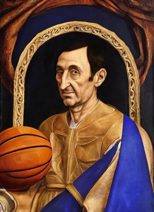 Image similar to high detailed renaissance portrait of mike krzyzewski as the god king emperor, blue devils, basketball