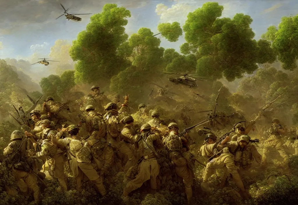 Image similar to afghanistan war by jean honore fragonard, green jungle, helicopters, battlefield, tanks