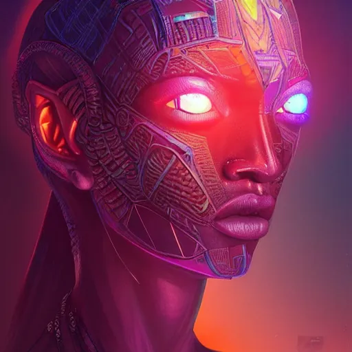 Image similar to african neon necromancer, science fiction, highly detailed, digital painting, beautiful eyes, symmetry, concept art, sharp focus, volumetric lighting, illustration, global illumination, radiant light, synthwave colors, detailed and intricate environment, art by artgerm and greg rutkowski and magali villeneuve and ilya kuvshinov!