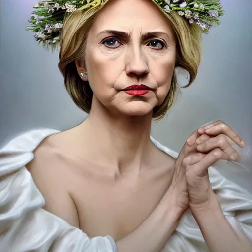 Prompt: side portrait of Hillary Clinton, blond hair, flower crown, white dress, headshot, hyper realistic, pale skin, 4k, rule of thirds, beautiful eyes, extreme detail, detailed drawing, trending artstation, hd, fantasy, D&D, realistic lighting, by Alphonse Mucha, Greg Rutkowski, sharp focus, backlit, elegant