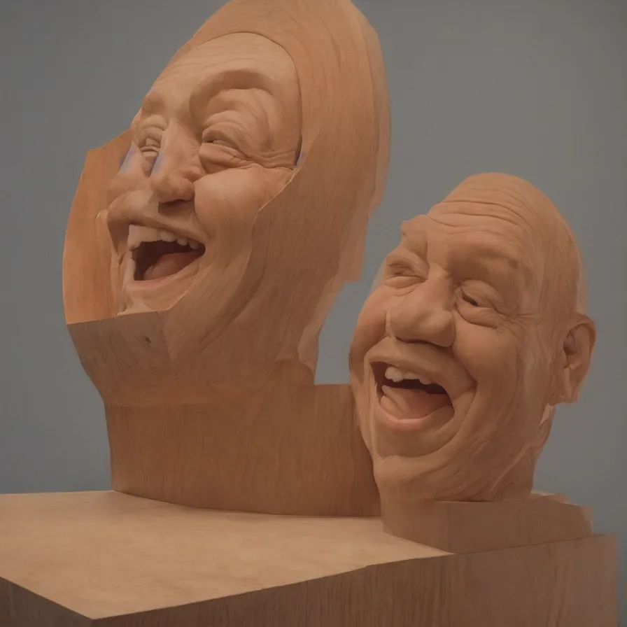 Image similar to hyperrealistic sculpture of a human face smiling carved out of laminated plywood on a pedestal by duane hanson and donald judd, hyperrealistic dramatic colored lighting trending on artstation 8 k