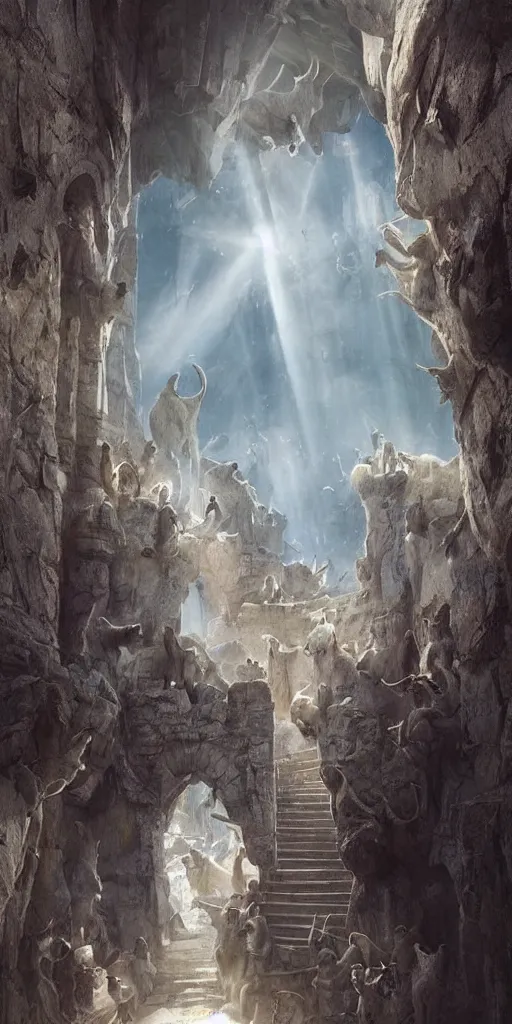 Image similar to a herd of goats!! climbing stairs in a beautiful fantasy castle made from white stone and bright copper, medieval city, metropolis, magic, tall towers, sunlight, white marble, god rays, digital art, landscape, fantasy art, octane render, unreal engine, high detail, very realistic, by greg rutkowski. by james gurney