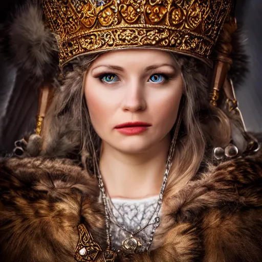 Image similar to photo of a beautiful! nordic queen, ornate , telephoto lens, incredibly detailed, 8k, HDR, studio, cinematic, realistic