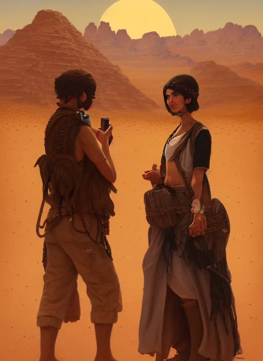 Prompt: highly detailed painting of two jews in the desert, unreal engine, greg rutkowski, ilya kuvshinov, ross draws, tom bagshaw, tom whalen, nicoletta ceccoli, mark ryden