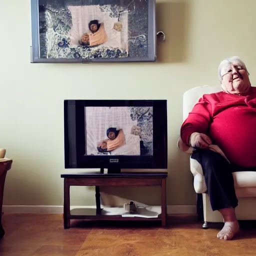 Prompt: an old lady watching a fat person on tv, photography, living room,