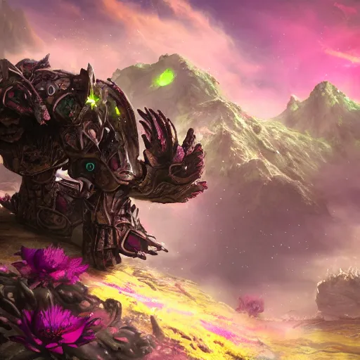 Image similar to corrupted sentinel enjoying picking up flower on infested planet, fantasy art, 4 k, realistically