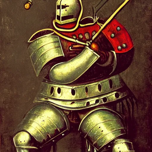 Image similar to one - armed medieval armored knight with bucket on his head, painting