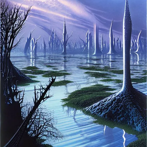 Prompt: ominous shale and ruddy steel arborescent city half - submerged in the sipsey river, by michael whelan and by angus mcbride and by ted nasmith, 3 2 k huhd