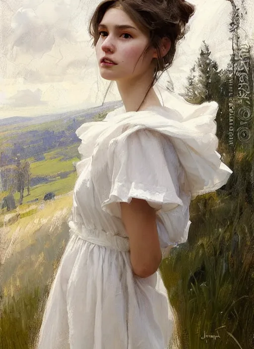 Image similar to portrait of girl dressed in white clothes , countryside, fantasy character portrait, dynamic pose, above view, view from above, sunny day, thunder clouds in the sky, artwork by Jeremy Lipkin and Giuseppe Dangelico Pino and Michael Garmash and rob rey, very coherent symmetrical artwork, perfect face, simple form, 100mm