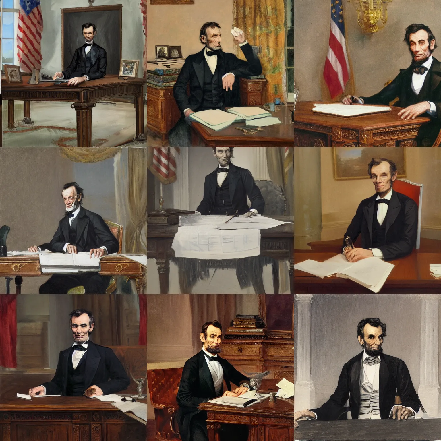 Prompt: portrait of abraham lincoln, young, vigorous, mordern suit and tie, sitting at the resolute desk in the oval office, oil on canvas by william sidney mount - 1 8 7 2, trending on artstation