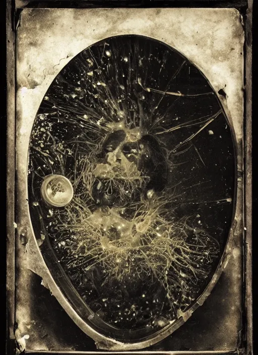 Image similar to old wetplate daguerreotype portrait of a mad man, explosion of data fragments, fractal, intricate, elegant, highly detailed, parallax, leica, medium format, subsurface scattering, by jheronimus bosch and greg rutkowski and louis jacques mande daguerre