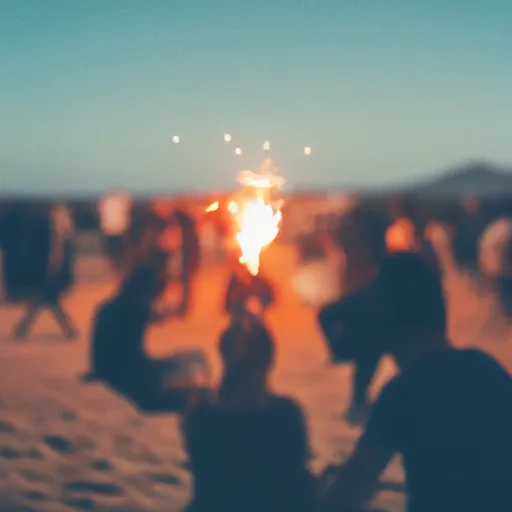 Prompt: photograph of people bonding around a firecircle, kismet, shot from behind, no faces visible, bokeh, atmospheric, desert