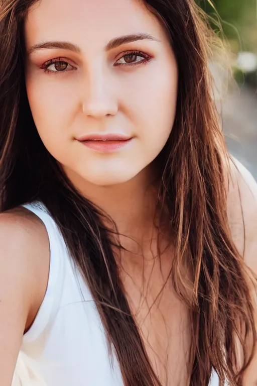 Prompt: 2 4 year old professional brunette female wearing white v - neck top, portrait, neck zoomed in, photo realistic, slr, golden hour, 4 k, high definition, selfie