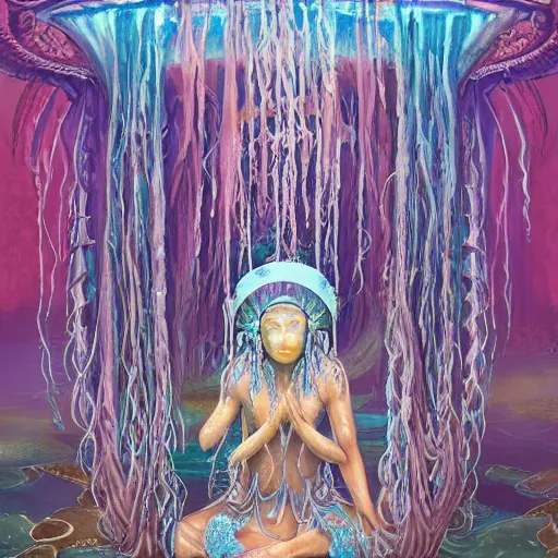 Prompt: A painting of priestesses worshipping at the jellyfish temple, shrouded in mist, jellyfish god, jellyfish priestess, jellyfish shrine maiden, 8K, illustration, art by Thomas Chamberlain-Keen, smoke, undersea temple with fish, cinematic, insanely detailed and intricate, hypermaximalist, elegant, super detailed, award-winning, magenta and crimson and cyan, rainbow accents, iridescence, bioluminescence, mysterious, ancient, ritual, trending in cgsociety, artstation HQ, ornate, elite, haunting, matte painting, beautiful detailed, insanely intricate details, dreamy and ethereal, otherworldly