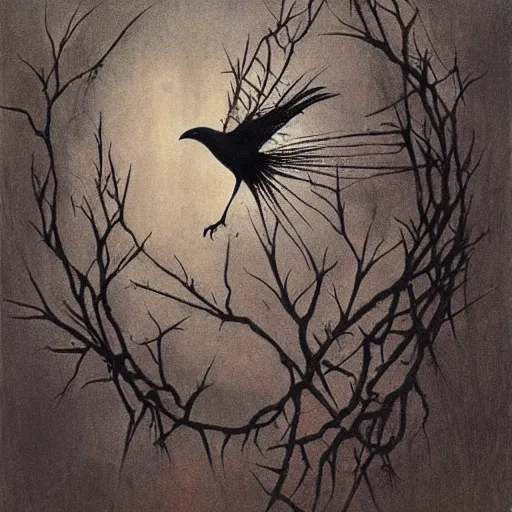 Image similar to crow girl in thorns by Beksinski