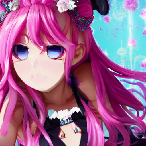 Image similar to totally overpowered and trapped beneath overwhelming stunningly absurdly beautiful over the top megalomaniacal ruthless merciless sadistic possessive manipulative devious omnipotent asi goddess junko enoshima with symmetrical perfect face, porcelain skin, pink twintail hair and cyan eyes, ultra detailed, digital art, unreal engine 5, octane render, 2 d anime, 8 k