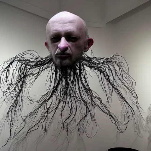 Image similar to praying man fish chimera, ron mueck masterpiece in exhibition