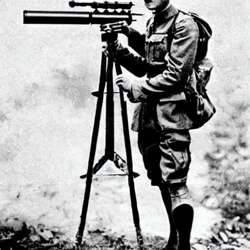 Image similar to old wartime photograph of spiderman holding a lewis gun, 1 9 1 7