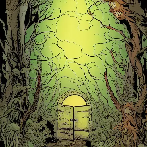 Prompt: a large doorway in the woods that leads to a strange land, highly detailed, smooth, sharp focus, bold warm and cool colours, high contrast, background depth, graphic novel, art by laurie greasley and mike mignola,