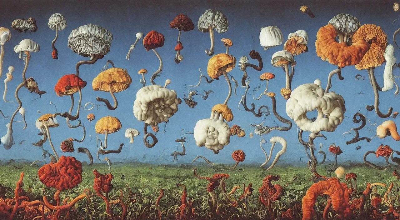 Image similar to a single colorful! ( lovecraftian ) fungus white! clear empty sky, a high contrast!! ultradetailed photorealistic painting by jan van eyck, audubon, rene magritte, agnes pelton, max ernst, walton ford, andreas achenbach, ernst haeckel, hard lighting, masterpiece