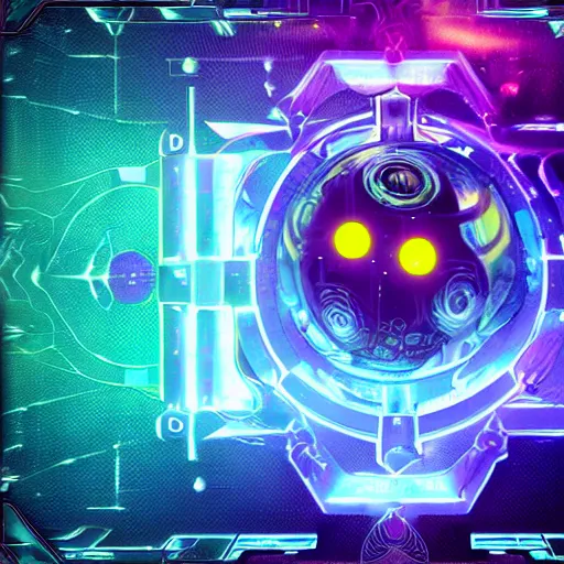 Prompt: alien spaceship centered in a futuristic data analysis card, water texture, high resolution, high contrast, colors: yellow, violet, blue, red, orange, volumetric light, Anime style, mecha, insanely detailed symbols in the frame.